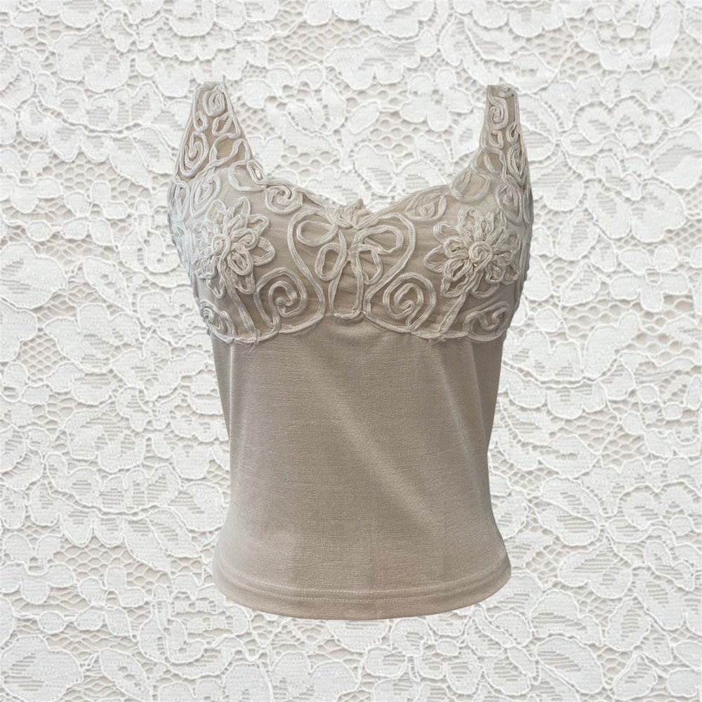 vintage cream baydoll style textured tank top with floral details